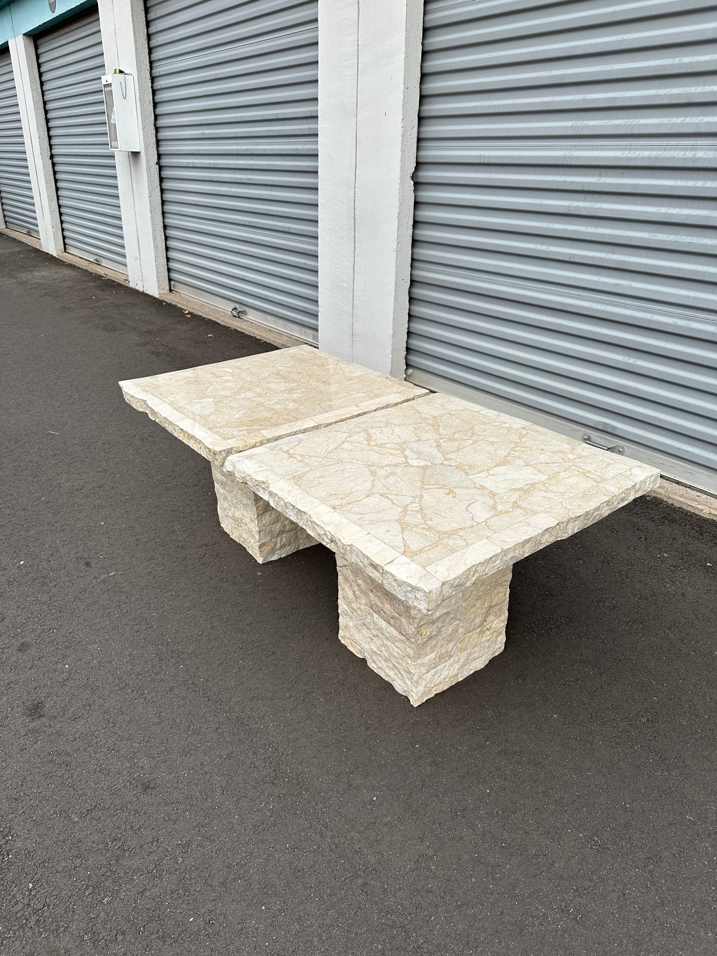 1991 Postmodern Mosaic Marble and Travertine Side Tables Pair