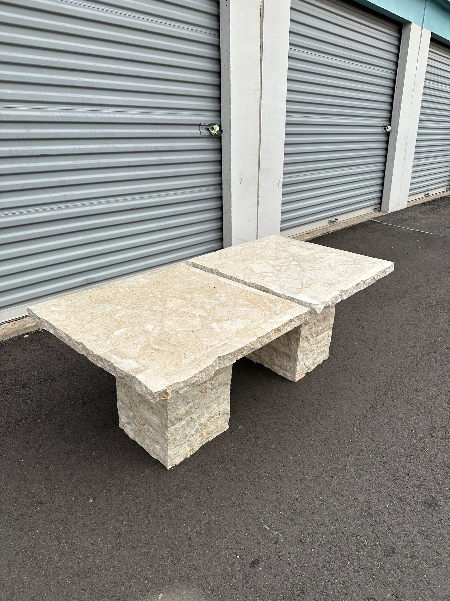1991 Postmodern Mosaic Marble and Travertine Side Tables Pair