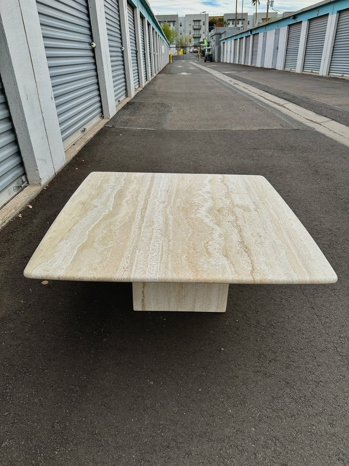 1980s Minimalist Square Travertine Coffee Table