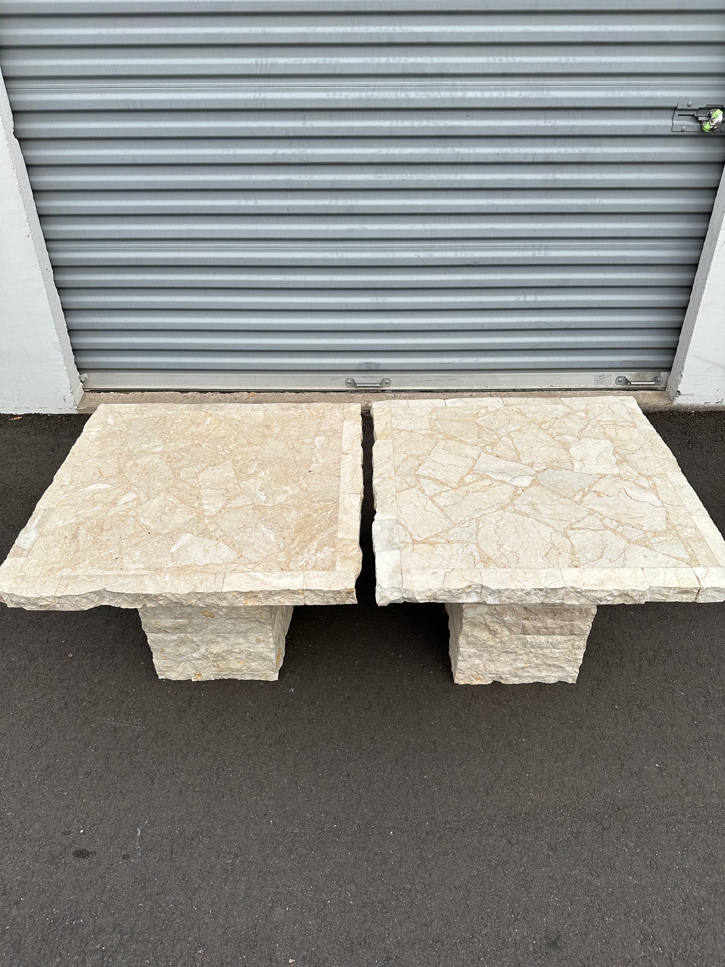 1991 Postmodern Mosaic Marble and Travertine Side Tables Pair