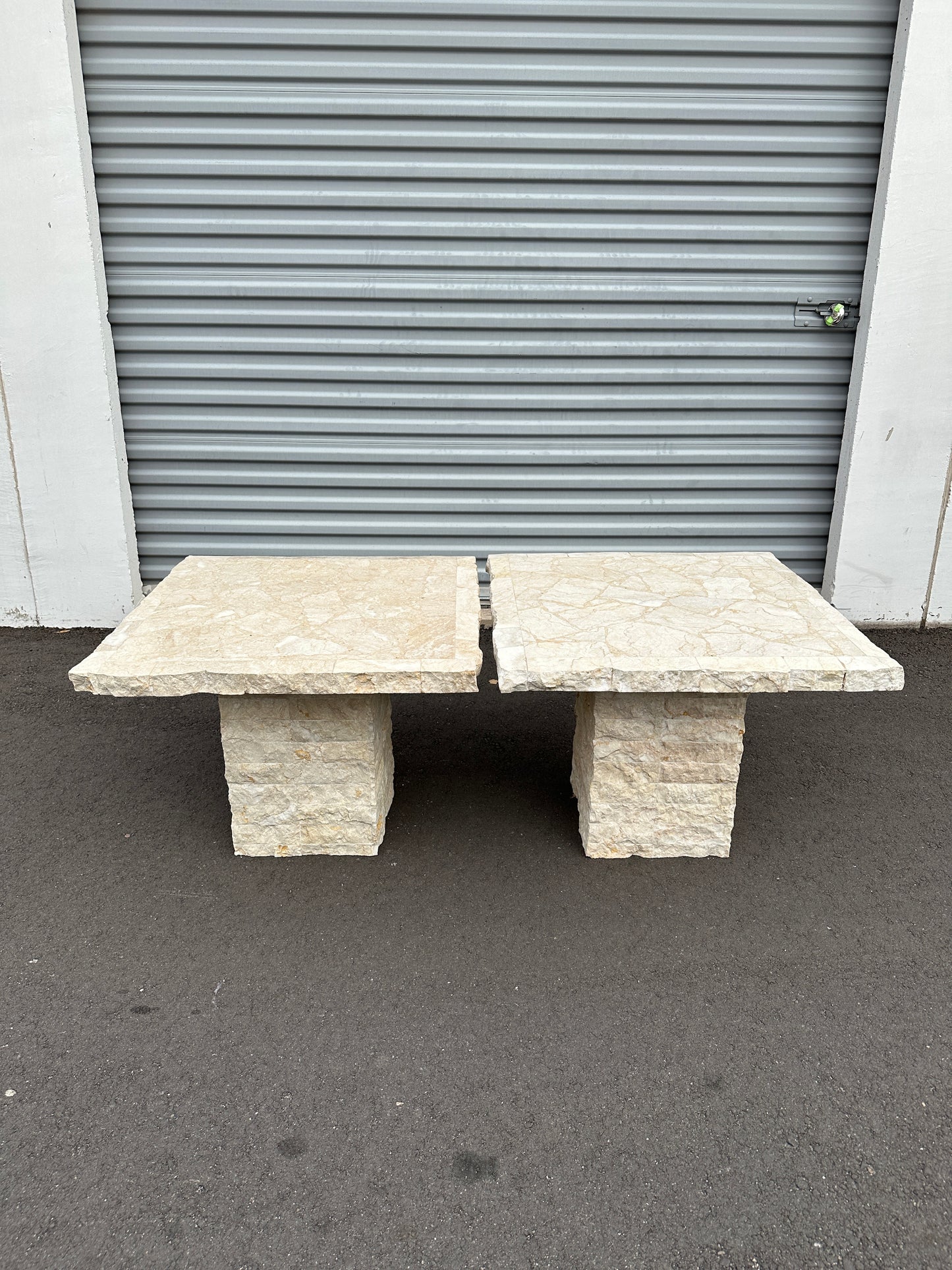 1991 Postmodern Mosaic Marble and Travertine Side Tables Pair