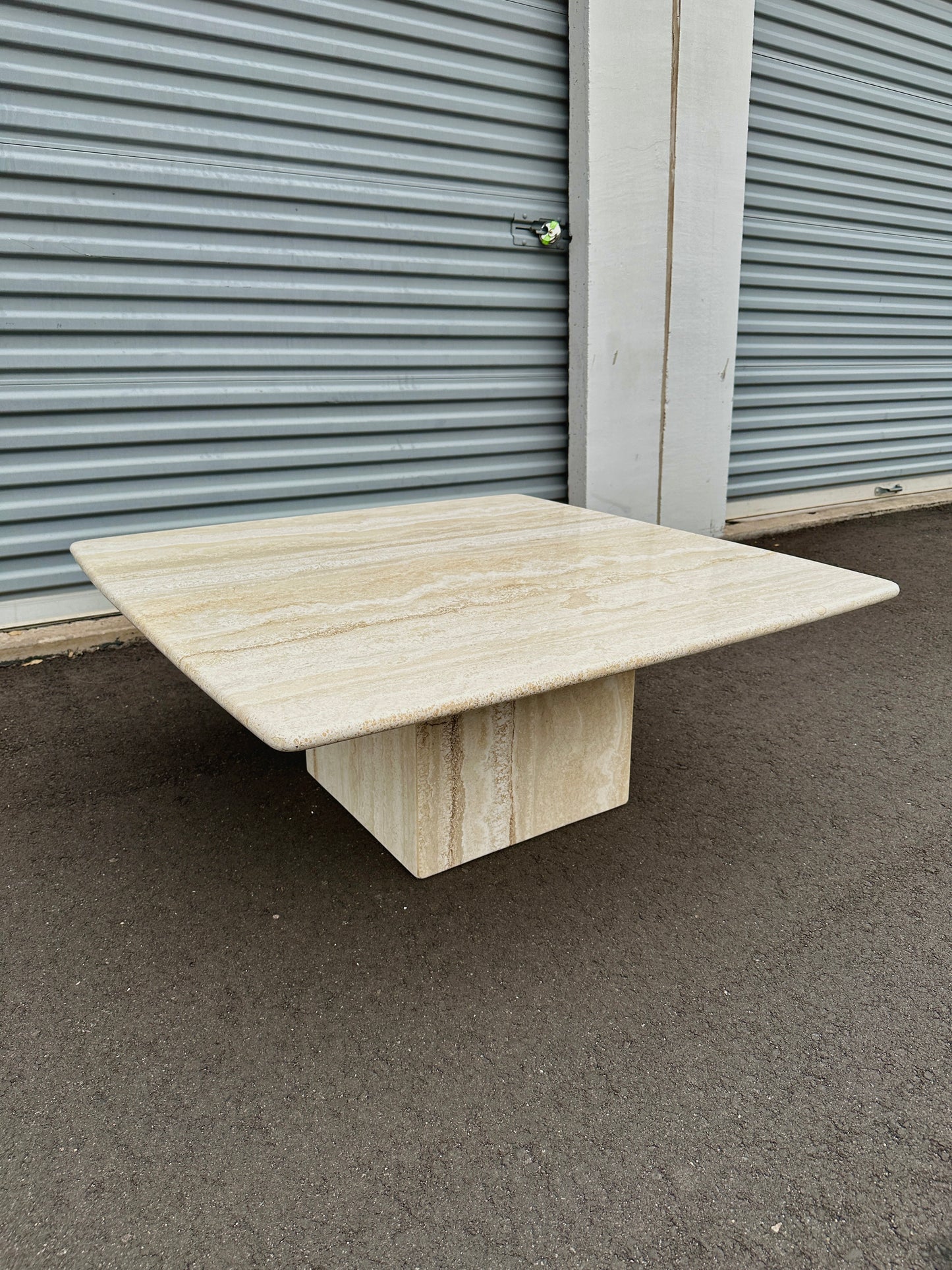 1980s Minimalist Square Travertine Coffee Table