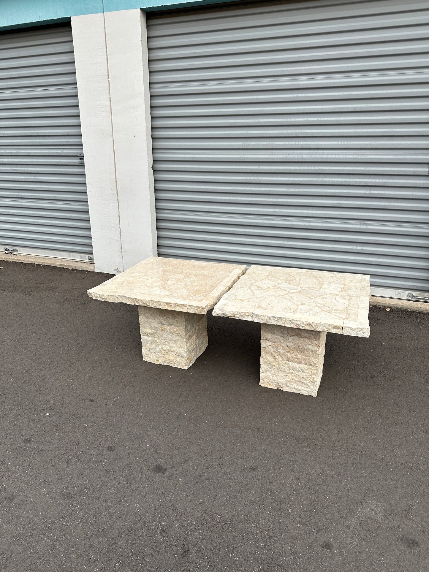 1991 Postmodern Mosaic Marble and Travertine Side Tables Pair
