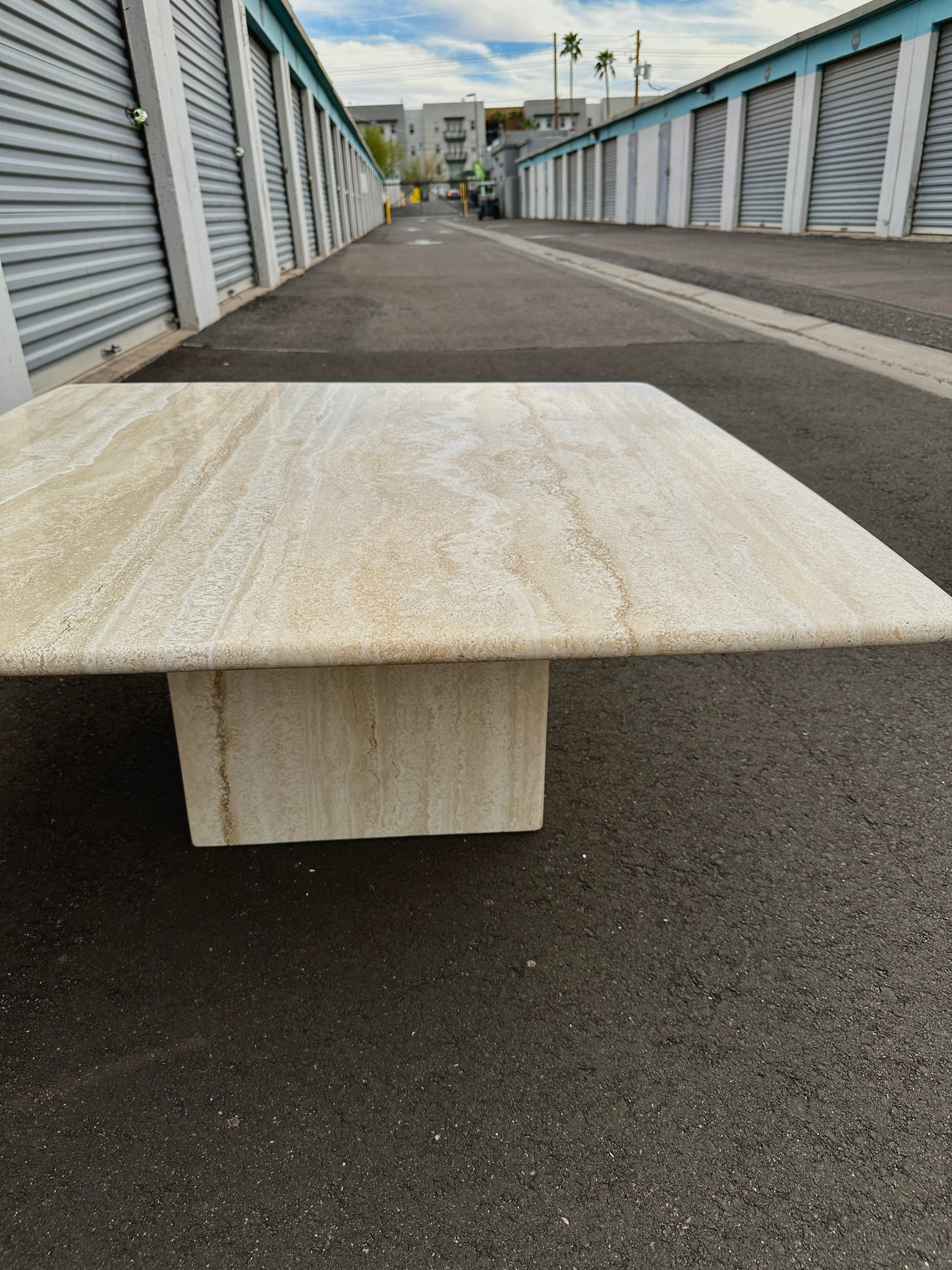 1980s Minimalist Square Travertine Coffee Table