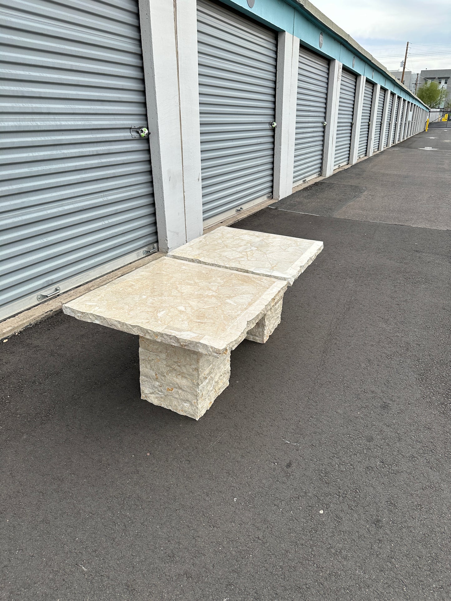 1991 Postmodern Mosaic Marble and Travertine Side Tables Pair