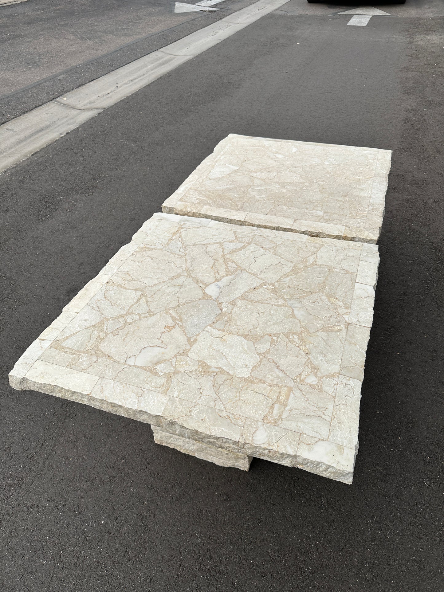 1991 Postmodern Mosaic Marble and Travertine Side Tables Pair