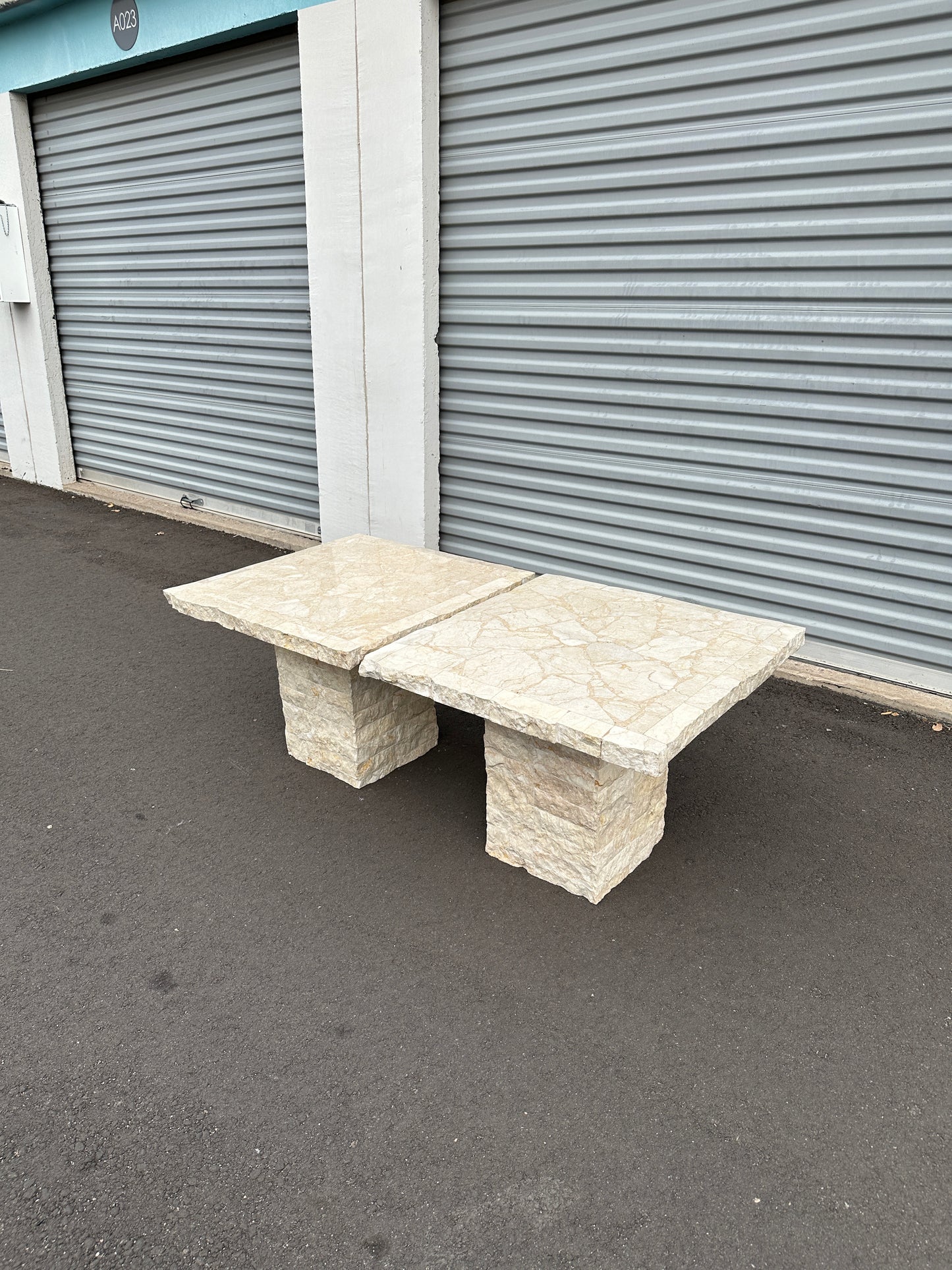 1991 Postmodern Mosaic Marble and Travertine Side Tables Pair