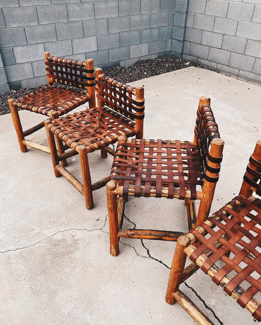 Set of 4 Antique Italian Rustic Leather Strap Dining Chairs, Hand Carved Wood, Early 1900s
