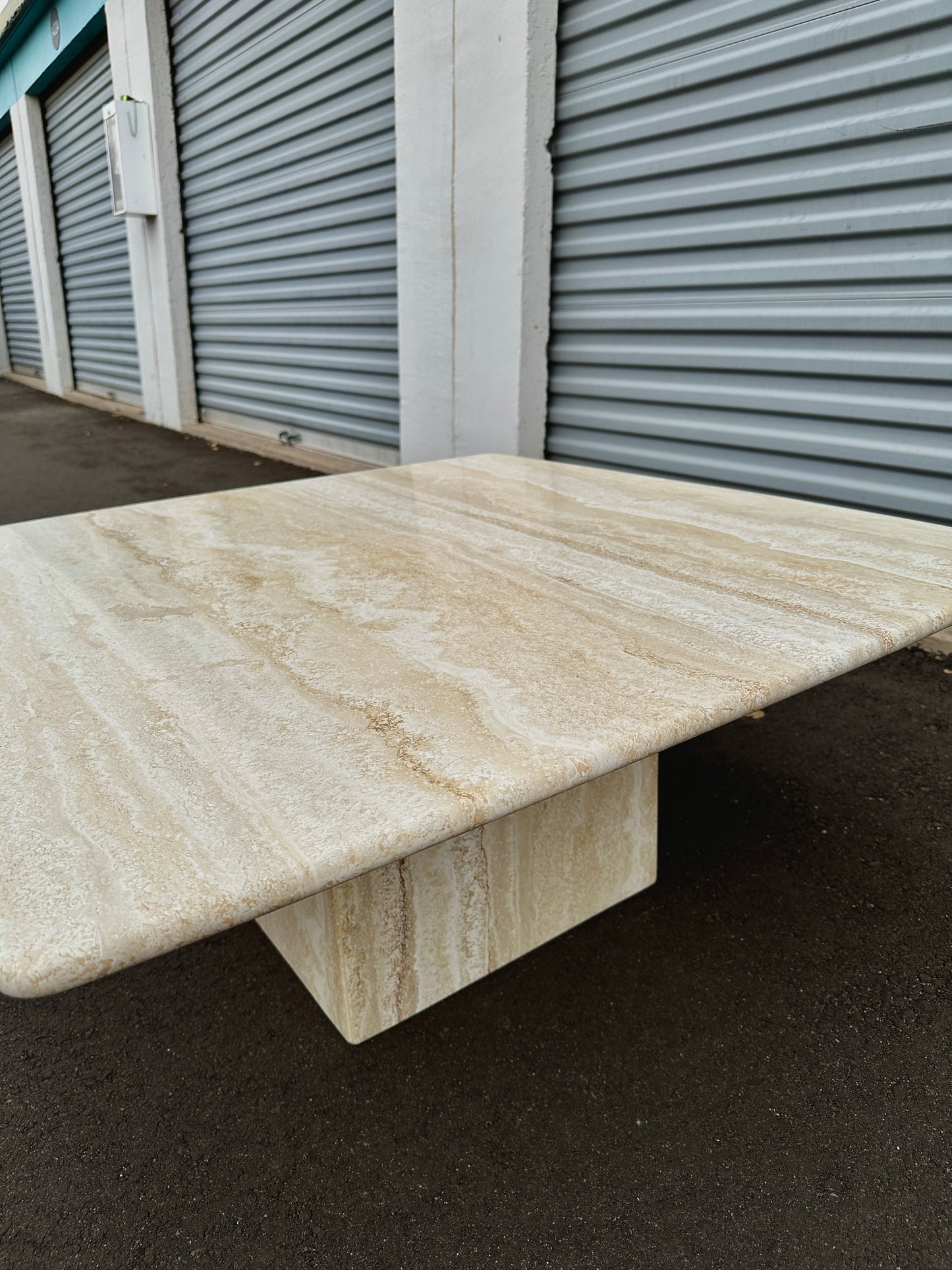 1980s Minimalist Square Travertine Coffee Table