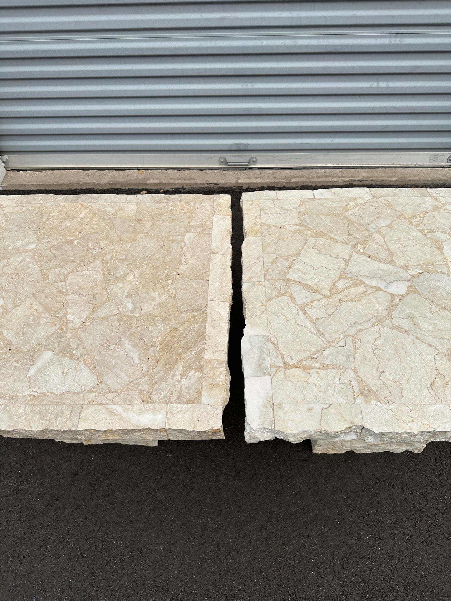 1991 Postmodern Mosaic Marble and Travertine Side Tables Pair