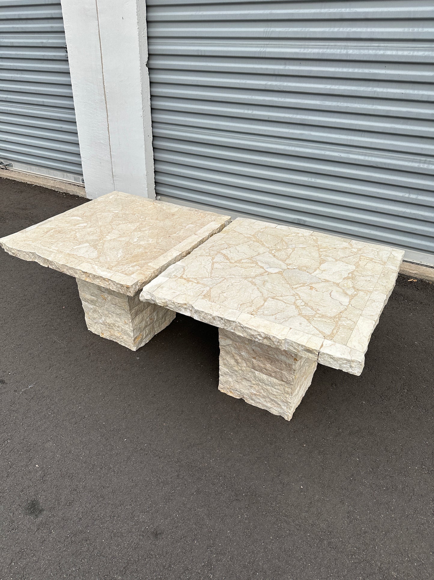 1991 Postmodern Mosaic Marble and Travertine Side Tables Pair
