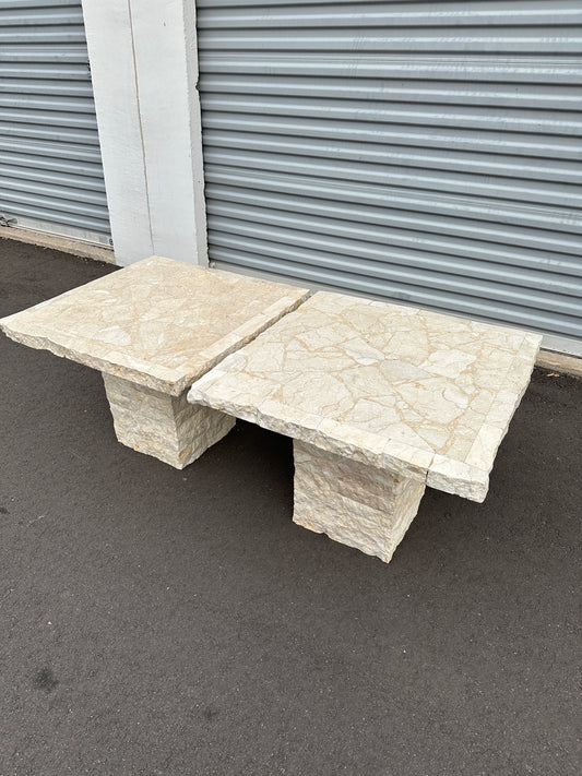 1991 Postmodern Mosaic Marble and Travertine Side Tables Pair