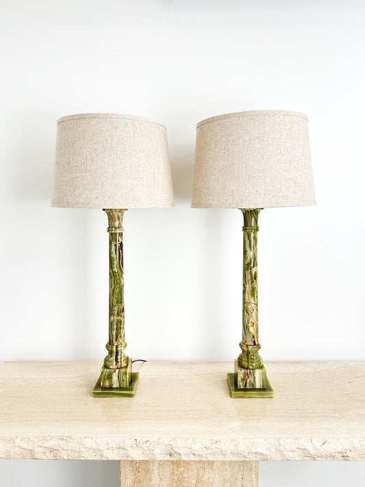 1950s Green Onyx Table Lamps, French Design