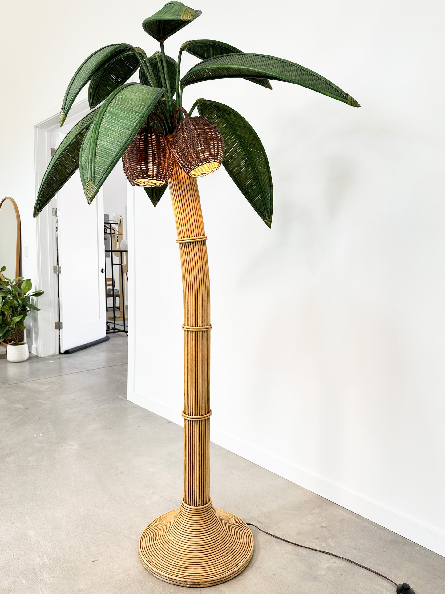 1970s Rattan Palm Tree Floor Lamp Attributed to Mario Lopez Torres
